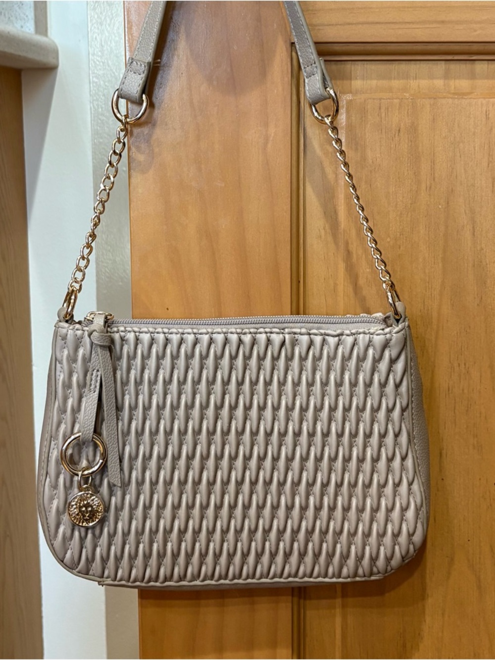 Anne Klein Taupe Woven-Texture Mini Shoulder Bag with Gold Accents